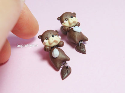 Cute Otter Dangle Earrings. Polymer Clay.  Stainless Steel. Best gift for animal lovers.