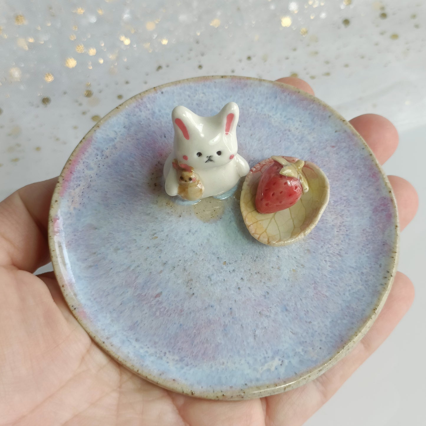 Cute Strawberry Bunny Ceramic Trinket Dish. Incense Dish. Handmade Pottery. Beautiful Collectibles. Special Gift for Loved Ones