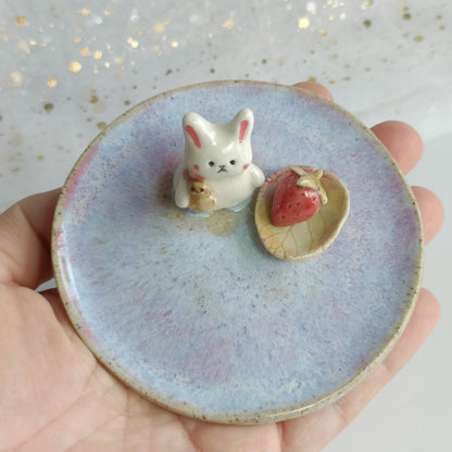 Cute Strawberry Bunny Ceramic Trinket Dish. Incense Dish. Handmade Pottery. Beautiful Collectibles. Special Gift for Loved Ones
